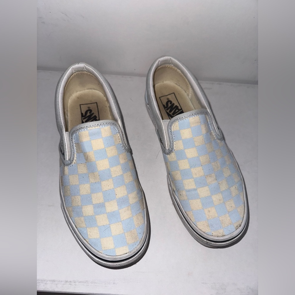 periwinkle checkered slip on vans